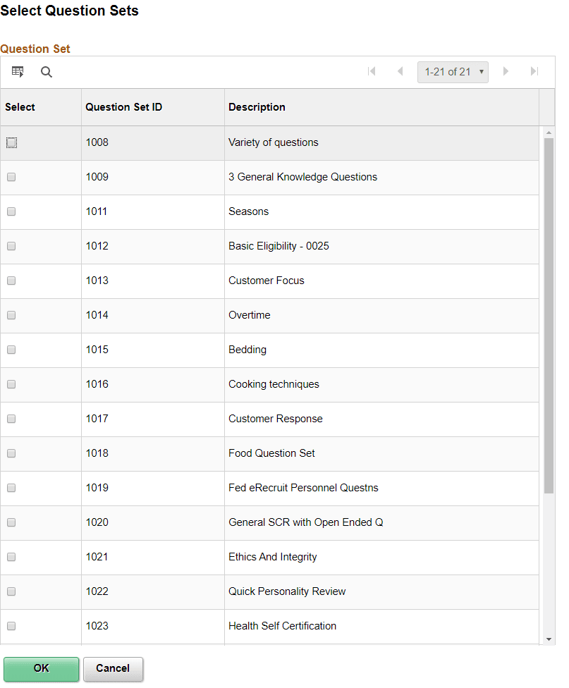 Select Question Sets page