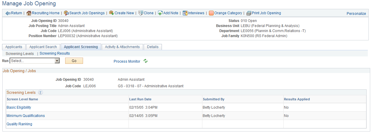Manage Job Opening page: Applicant Screening tab: Screening Level section