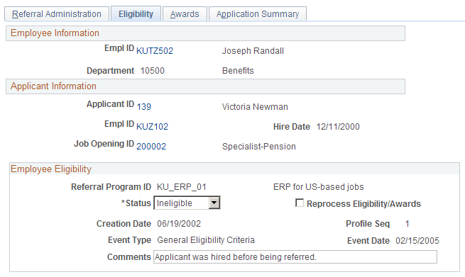 Administer Referrals - Eligibility page