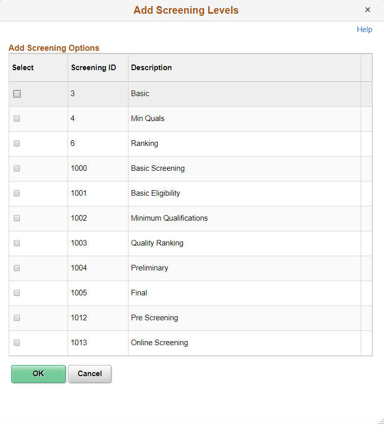 Add Screening Levels page