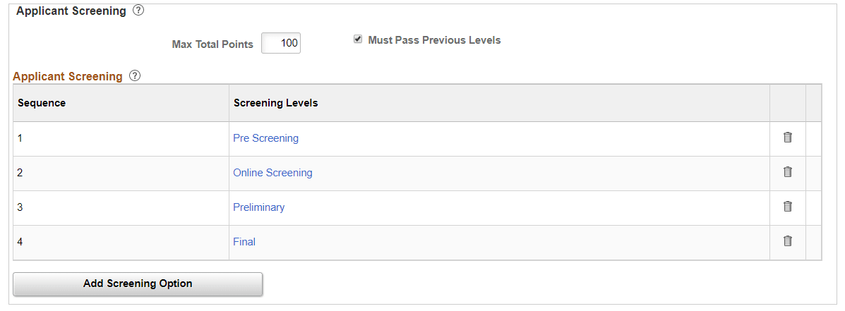Job Opening page: Applicant Screening section