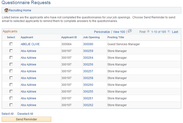 Questionnaire Requests page