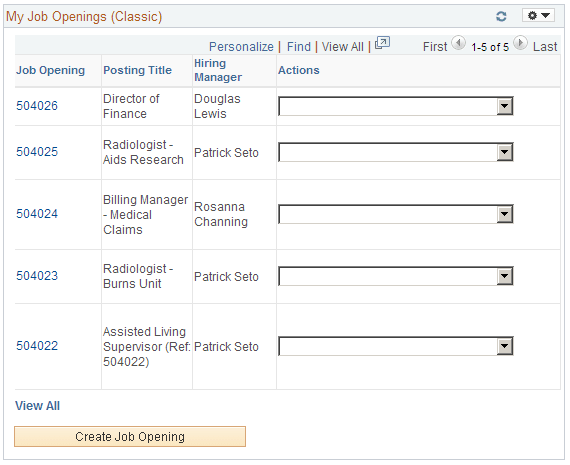 My Job Openings (Classic) pagelet