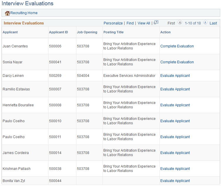 Interview Evaluations page