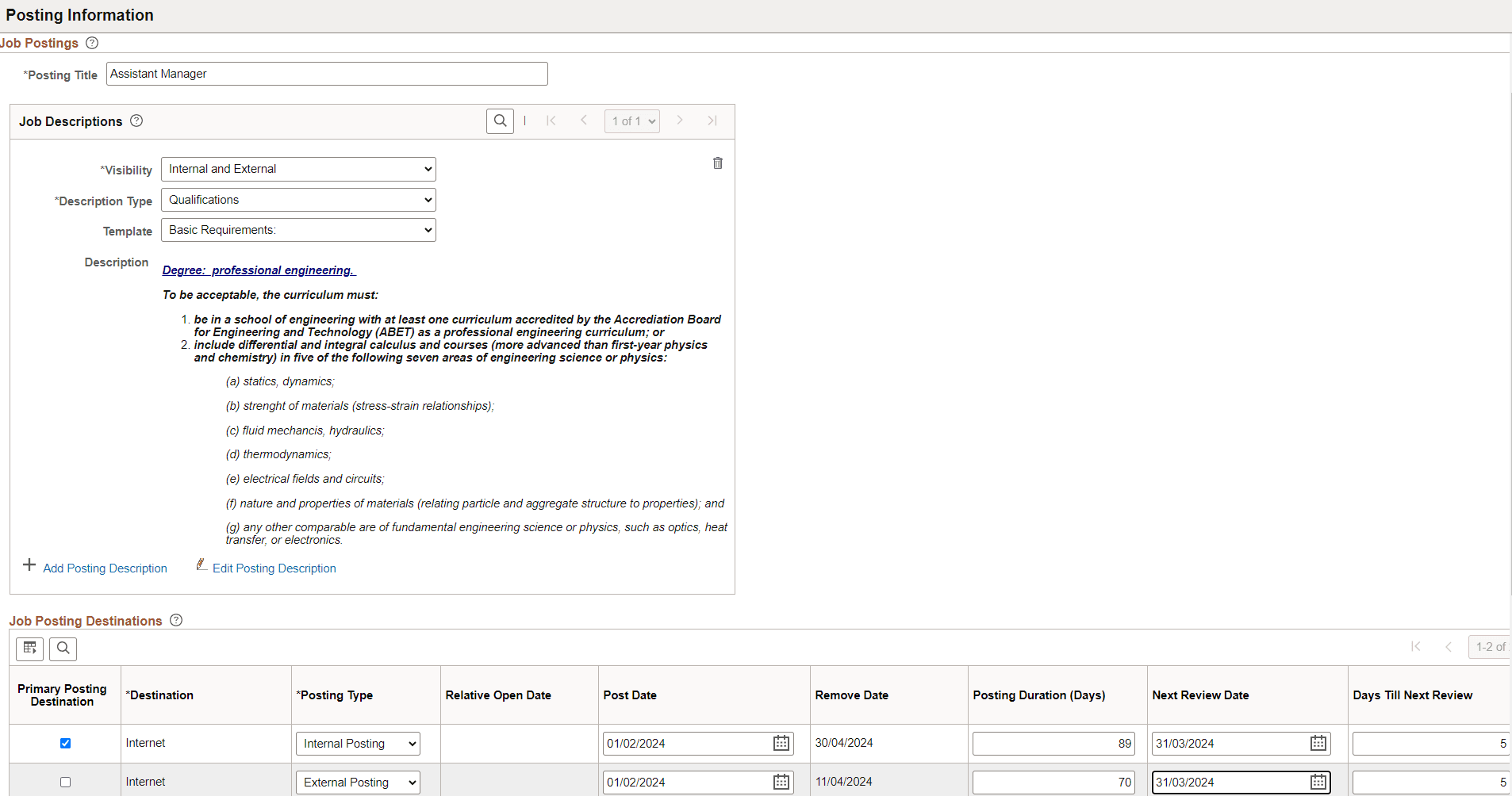 Posting Information with Edit Posting Description link