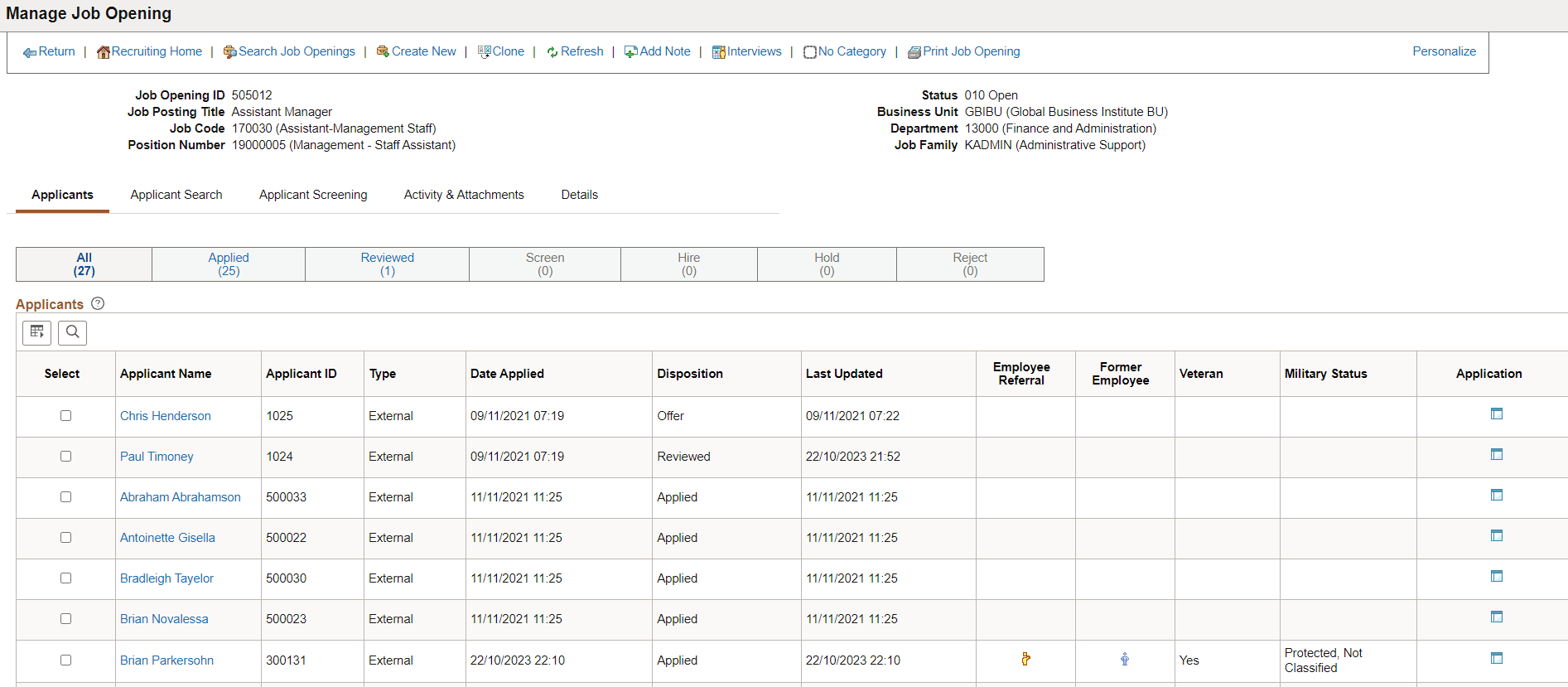 Manage Job Opening - Applicants Tab
