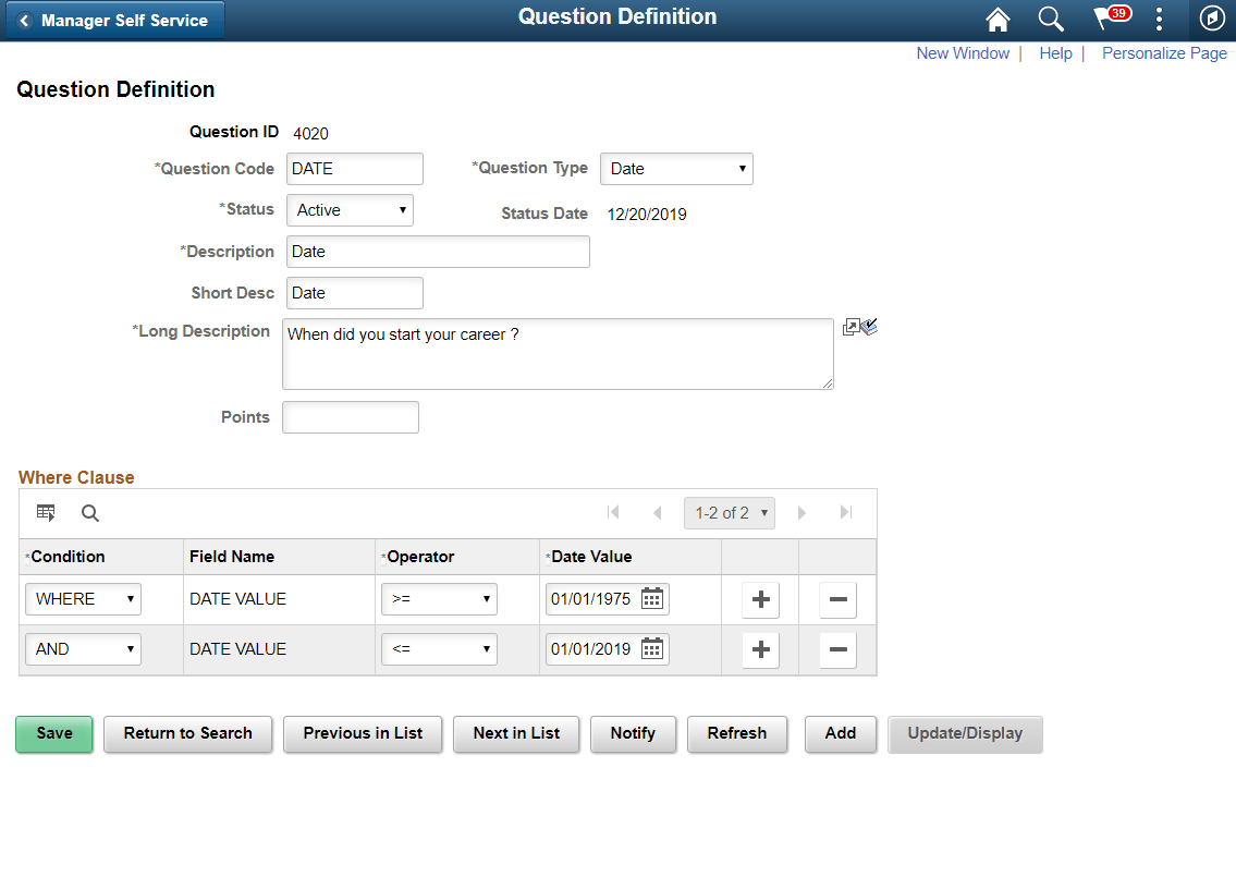 Question Definition page for Date type question.