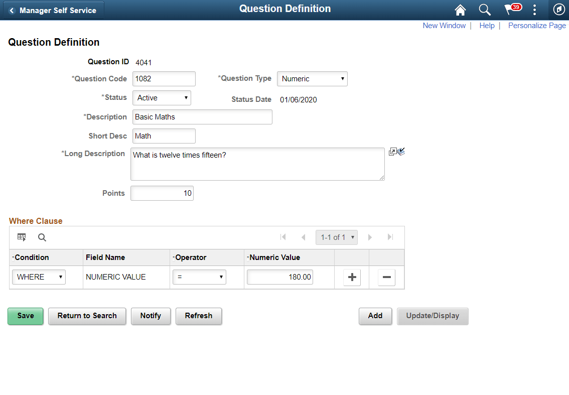 Question Definition page for Numeric question.