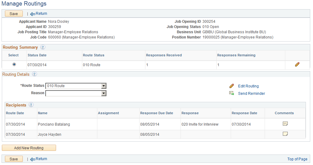 Manage Routings page