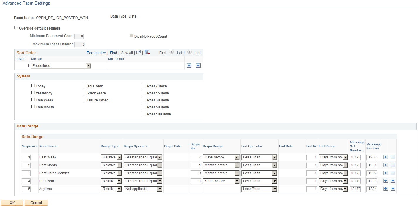 Advanced Facet Settings for the Jobs Posted Within facet