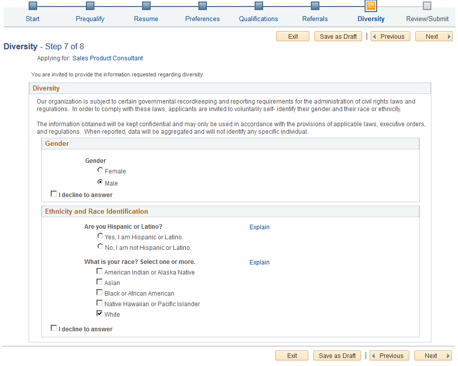 Diversity page with two-part question for ethnicity