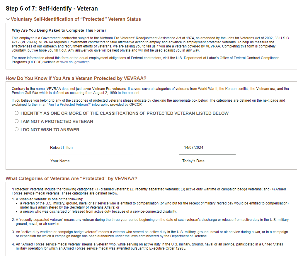 Self Identify - Veteran Step of Apply for Job AG