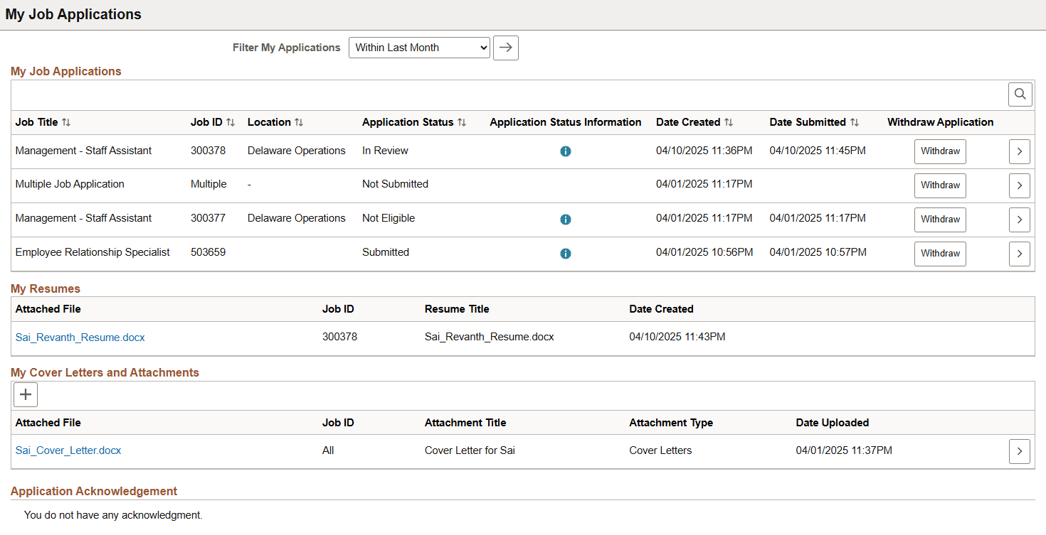 My Job Applications page