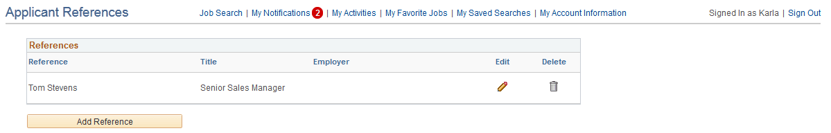 Applicant References page