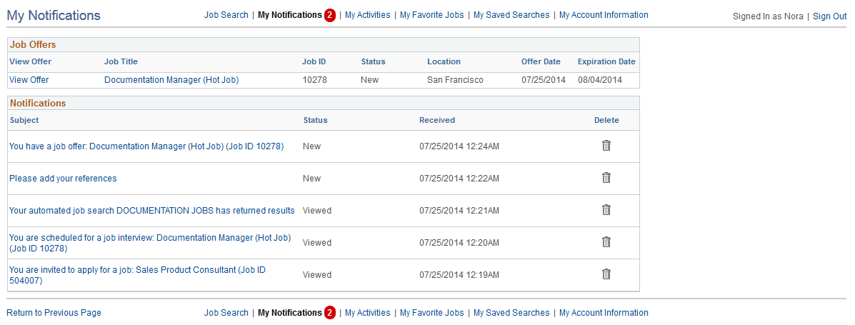 My Notifications page