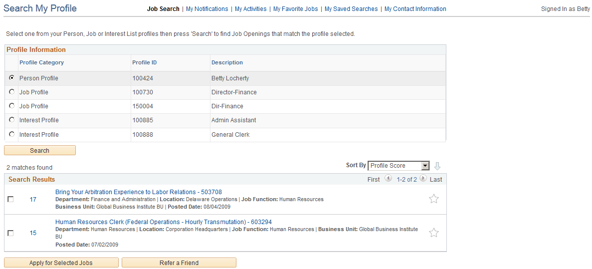 Search My Profile page