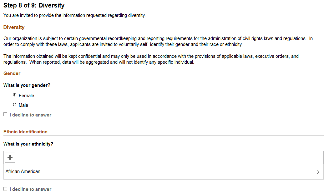 Diversity page with a single field for ethnic identification (fluid)