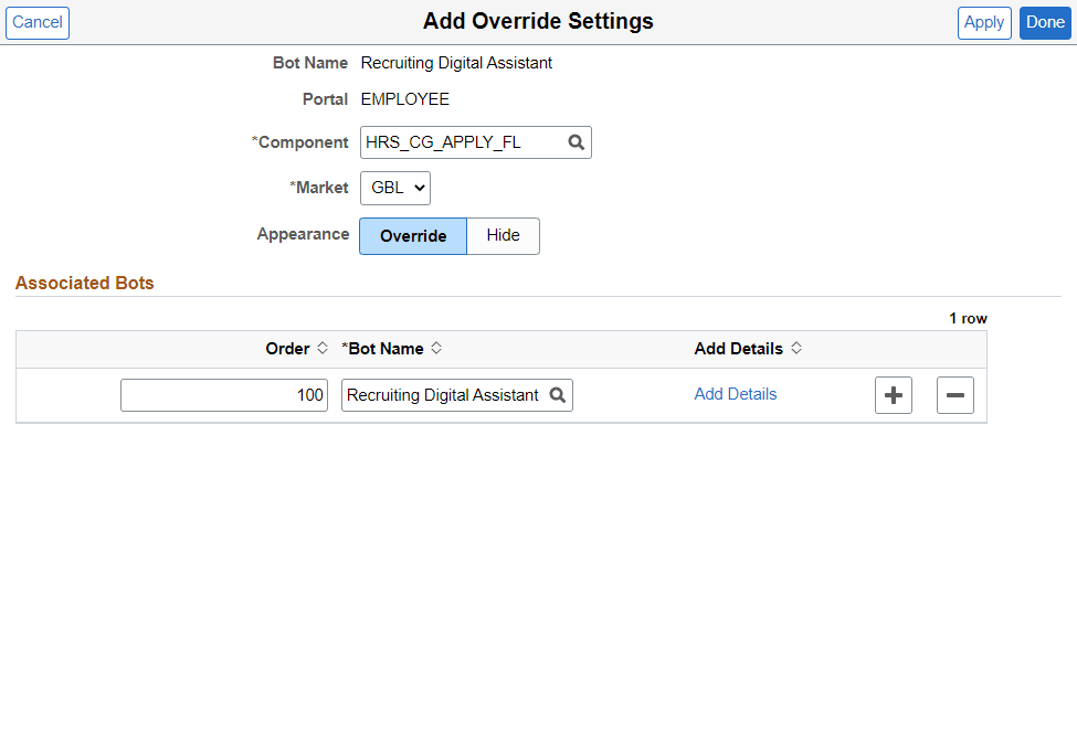 Add Override Settings - Recruiting Digital Assistant