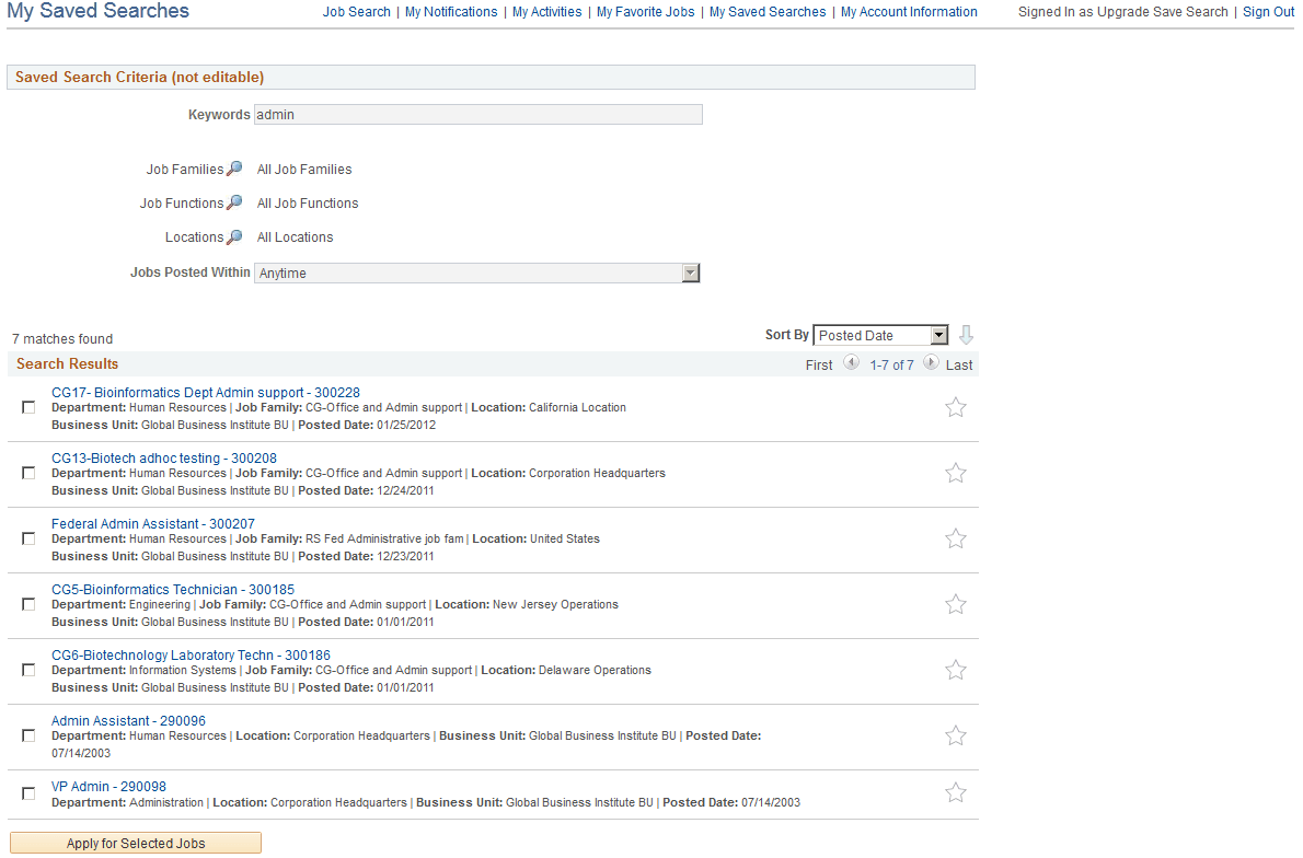 My Saved Searches - Legacy Search Results page
