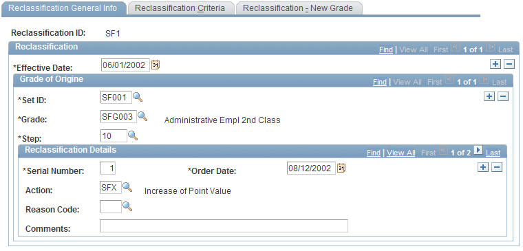 Reclassification General Info page