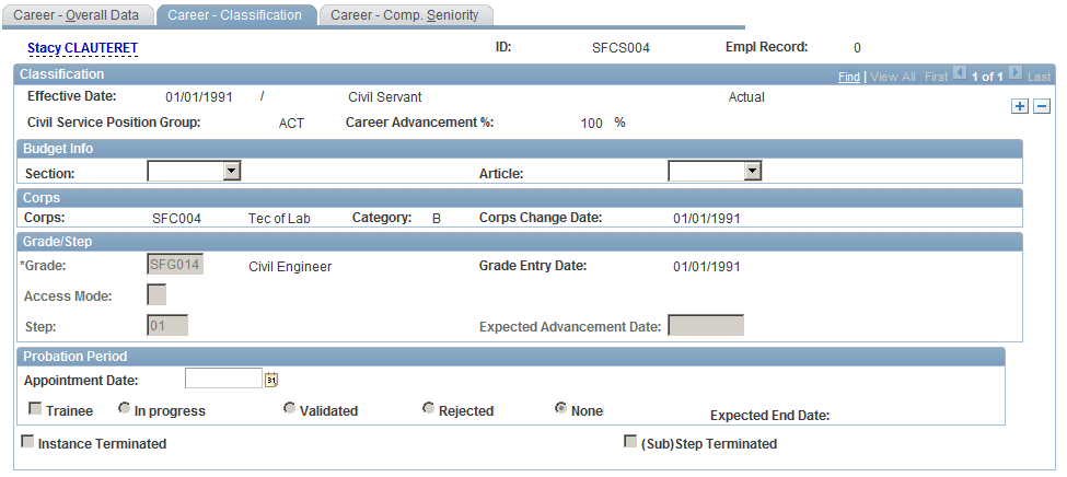 Career - Classification page