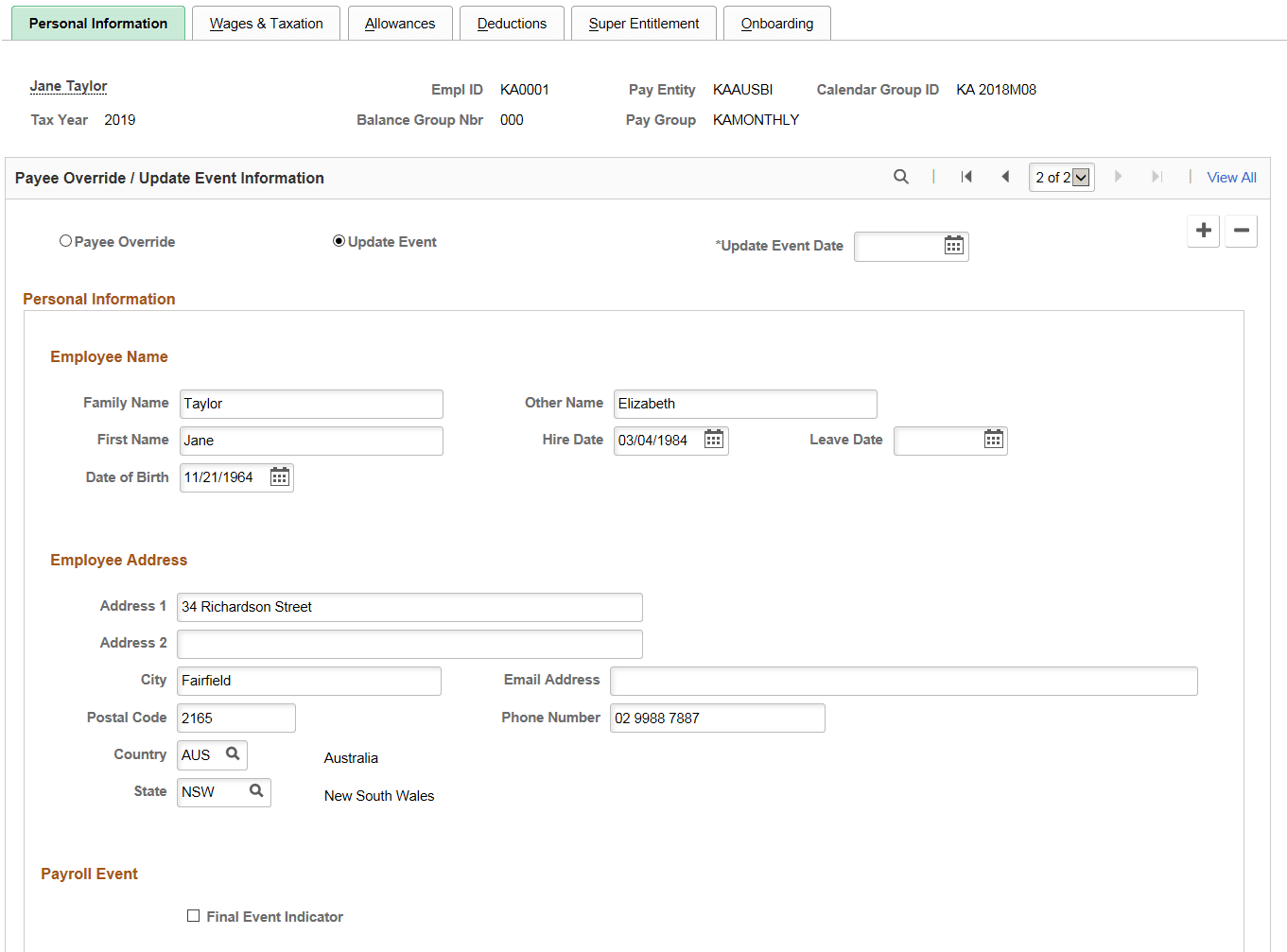 Personal Information page