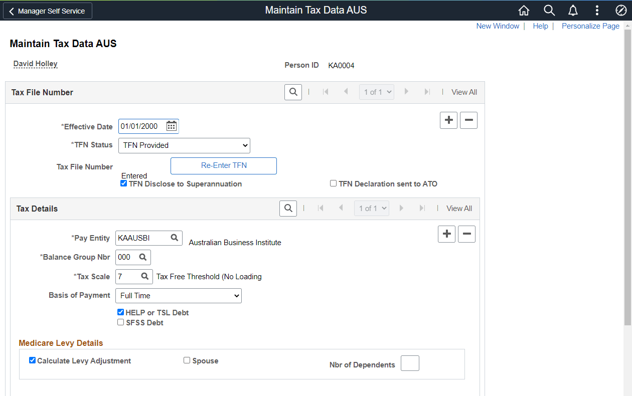 Maintain Tax Data AUS page (1 of 2)