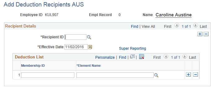Add Deduction Recipients AUS page