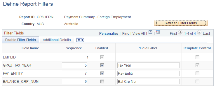 Define Report Filters page