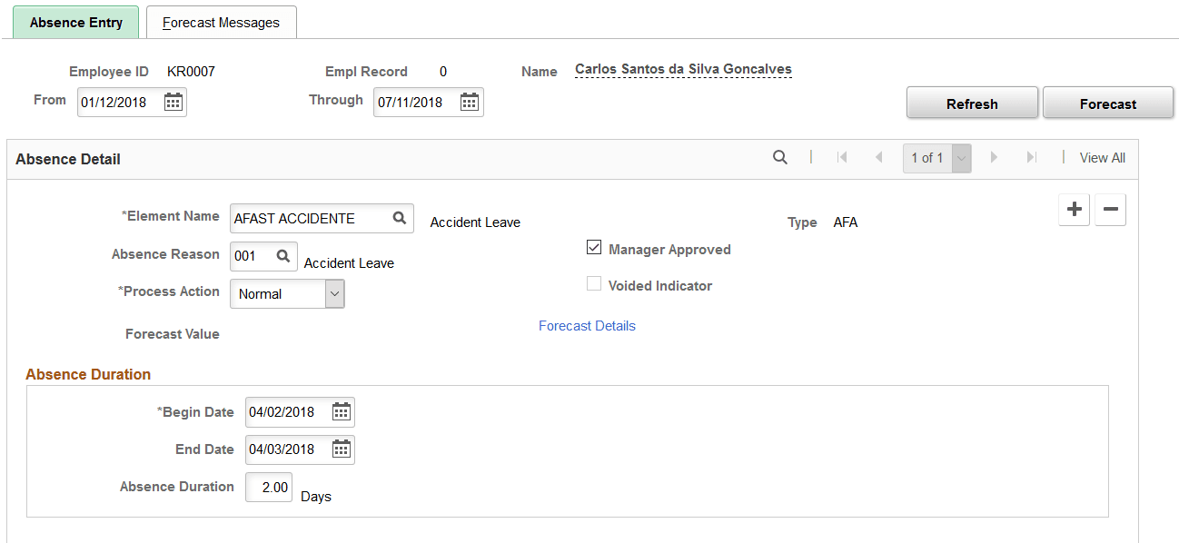 Absence Entry page (1 of 2)