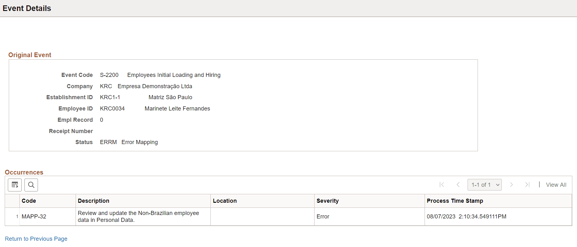 Event Details page showing error details