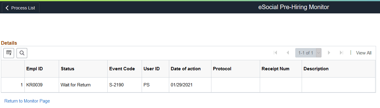 eSocial Pre-hiring Monitor - Details page
