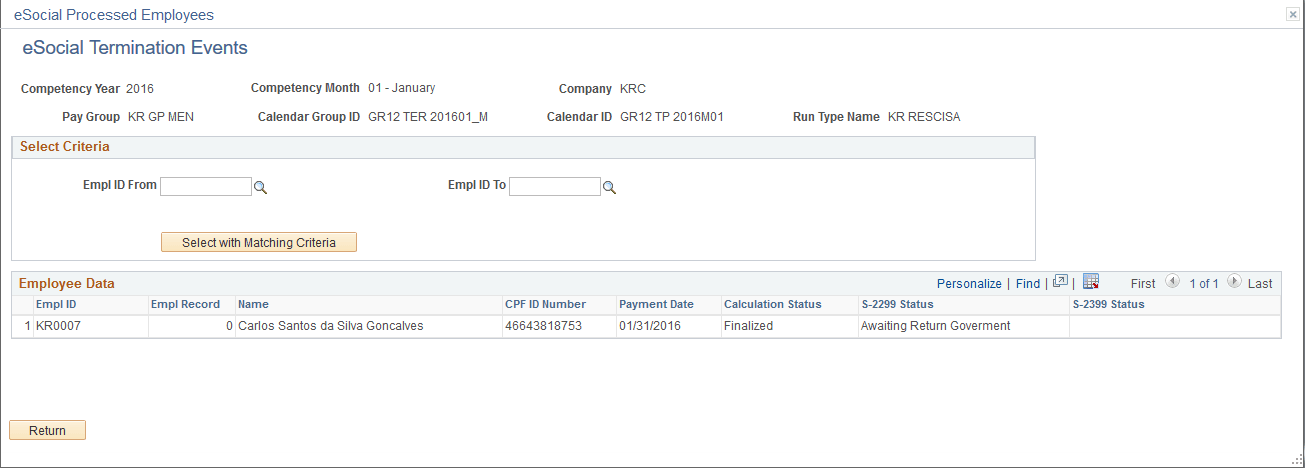 eSocial Processed Employees - eSocial Termination Events page