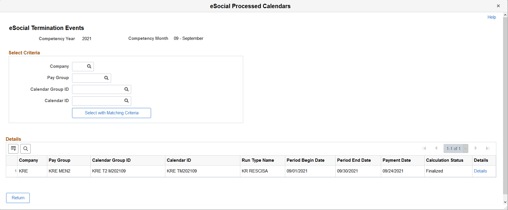 eSocial Processed Calendars - eSocial Termination Events page