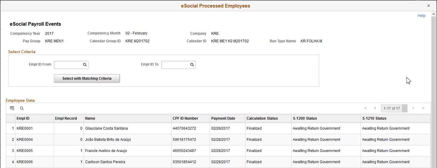 eSocial Processed Employees - eSocial Payroll Events page