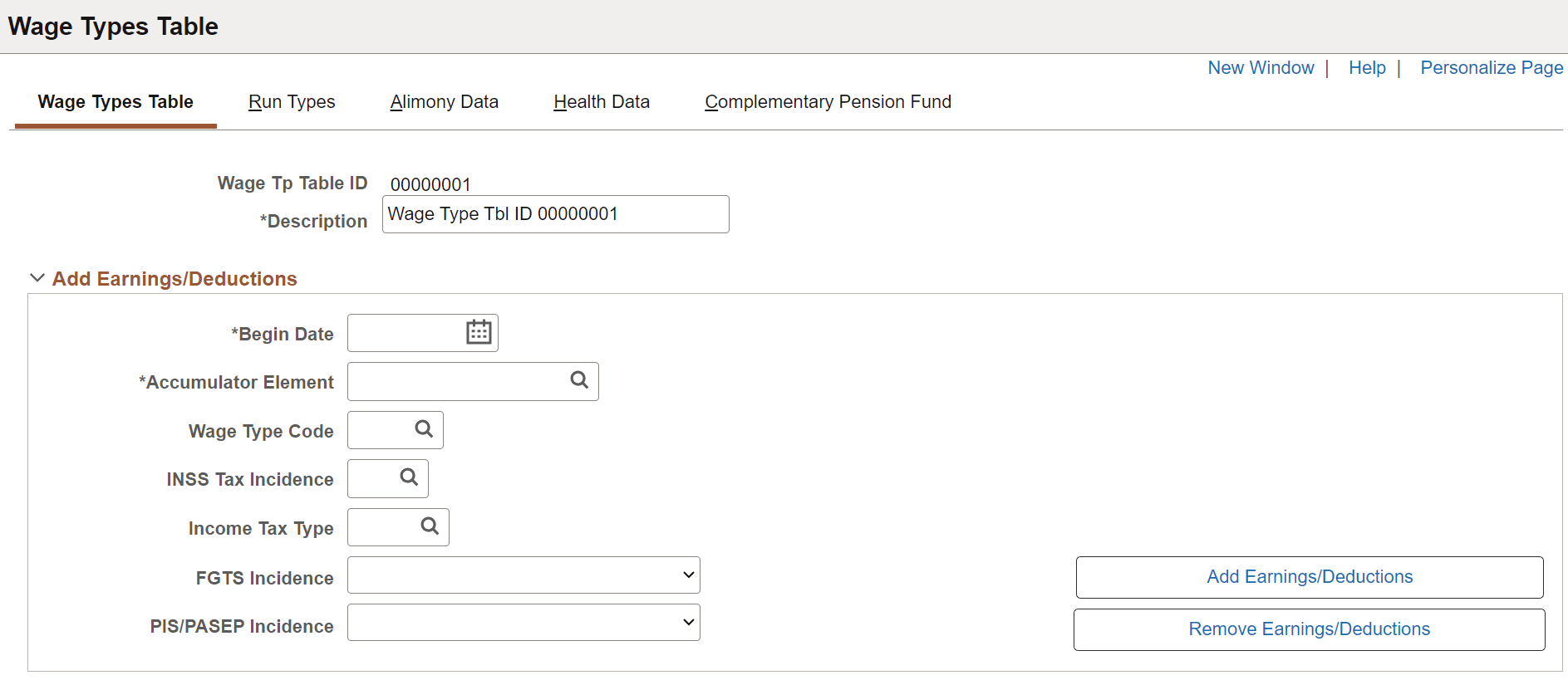 Wage Types Table page (1 of 2)