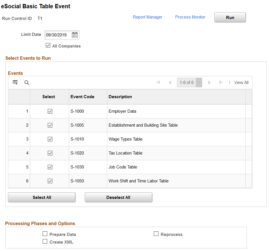 eSocial Basic Table Event page