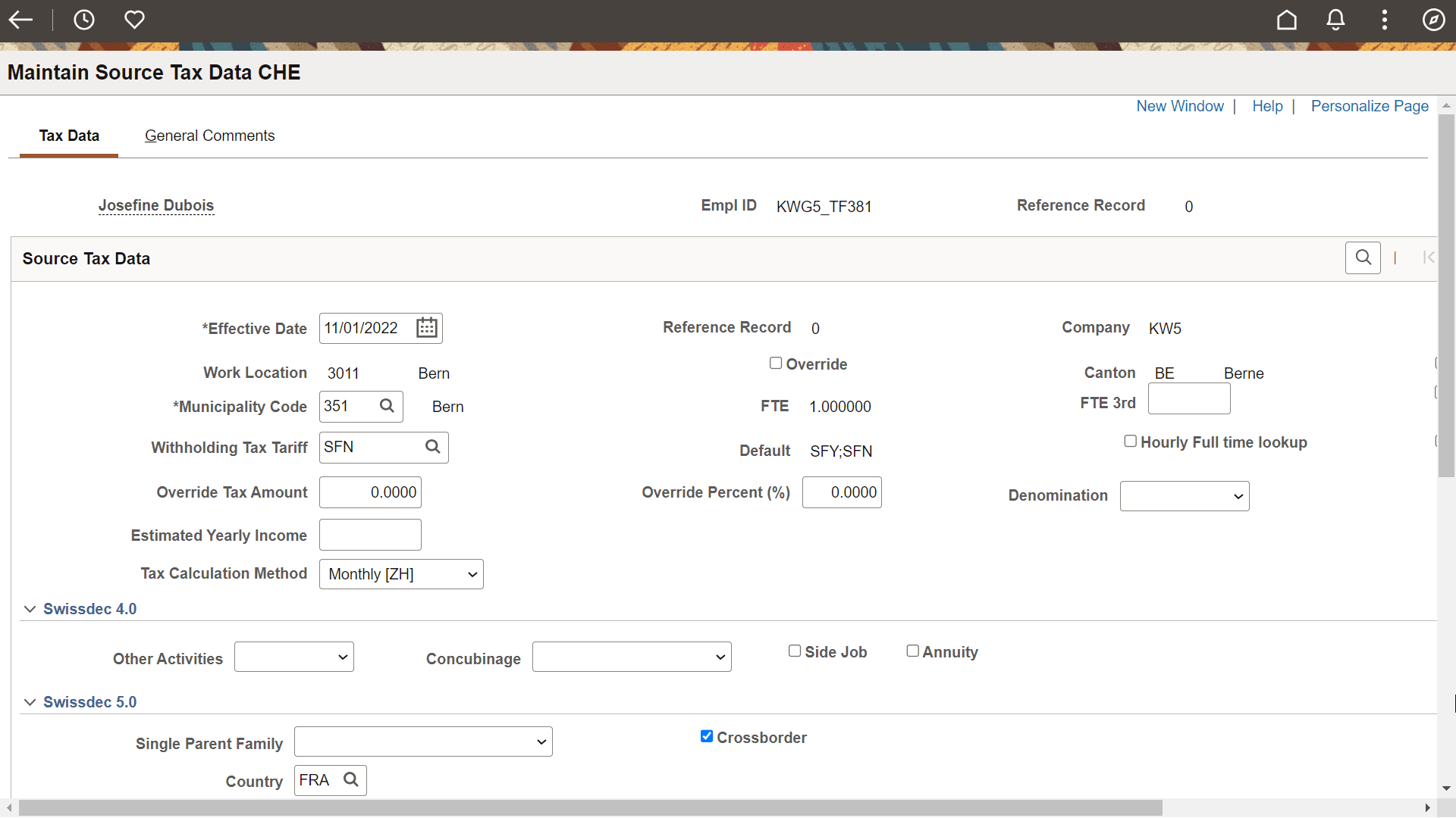 Maintain Source Tax Data CHE page 1