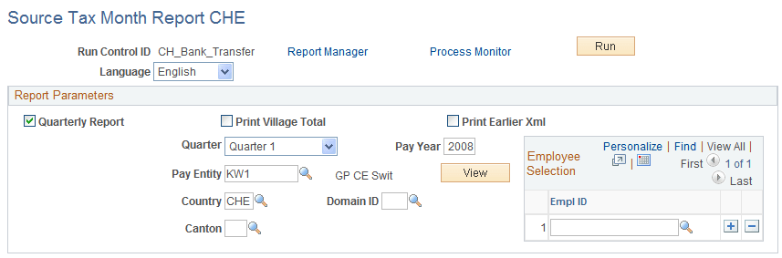 Source Tax Month Report CHE page: Quarterly Report check box selected