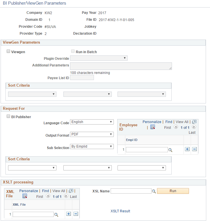 BI Publisher/ViewGen Parameters page
