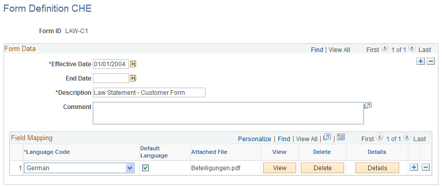 Form Definition CHE page