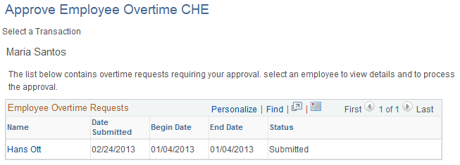 Approve Employee Overtime - Select a Transaction page