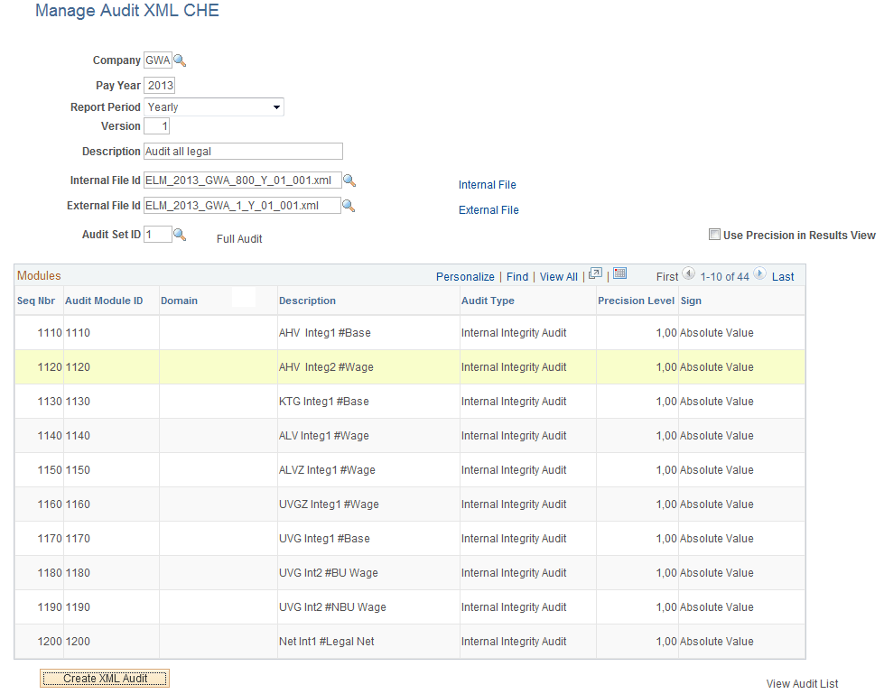 Manage Audit XML CHE page