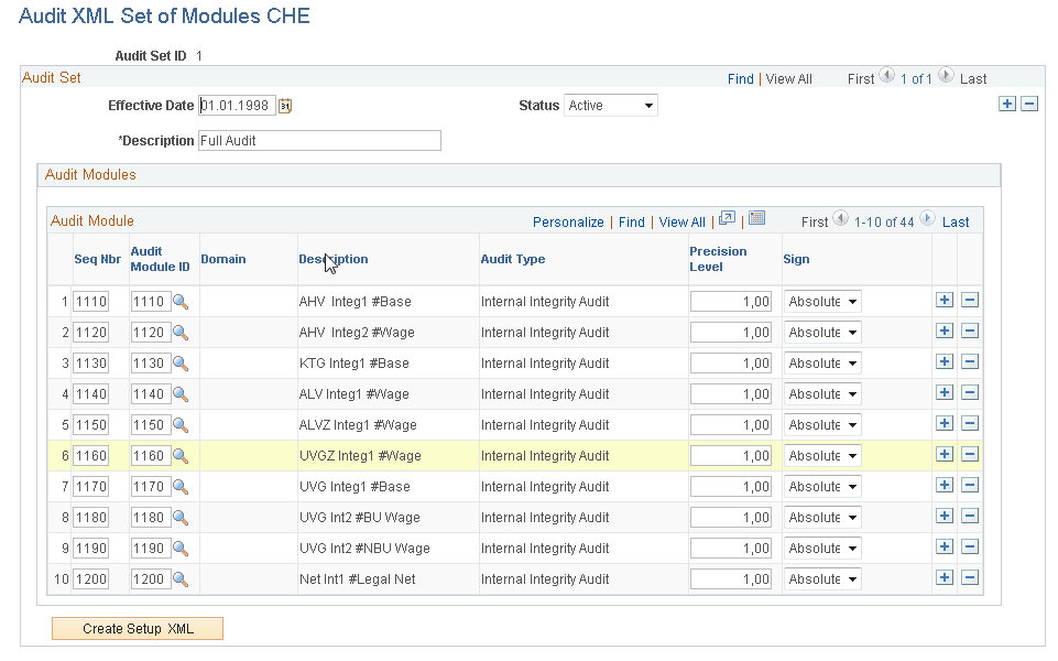 Audit XML Set of Modules CHE page