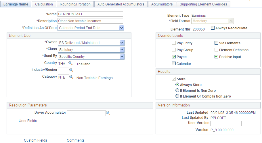 Example of GEN NONTAX E Earnings on the Earnings Name page