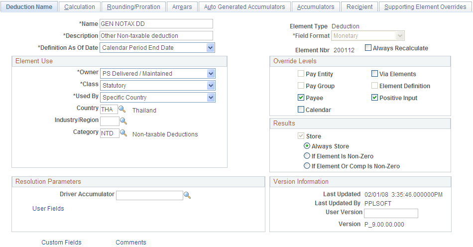 Example of the Deduction Name page for the GEN NOTAX DD deduction
