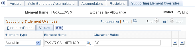 Deductions - Supporting Element Overrides page, Values tab
