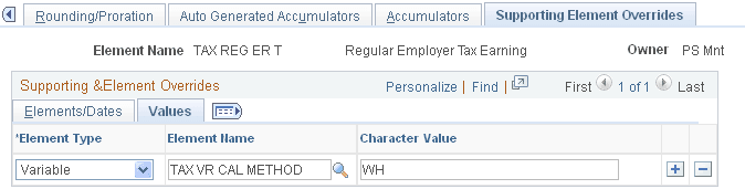 Earnings - Supporting Element Overrides page, Values tab
