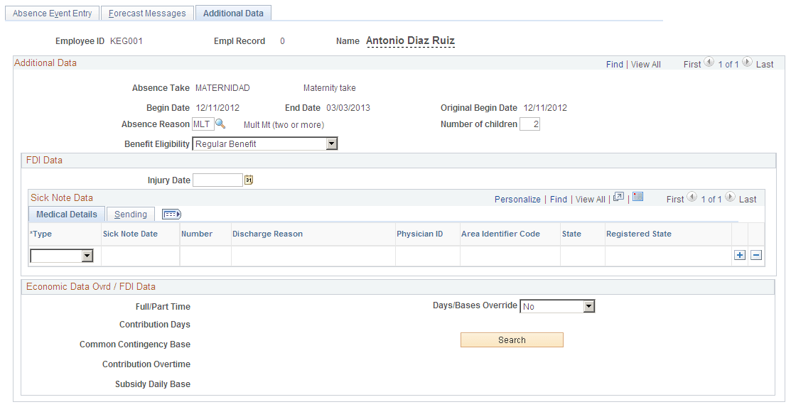 Example of MATERNIDAD absence event with absence reason of MLT