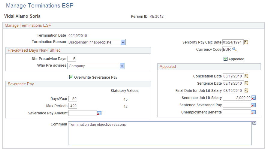Manage Terminations ESP page